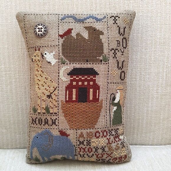 Noah's Ark Sampler "Two by Two" Primitive Needlework Pillow Vintage - Picture 1 of 9